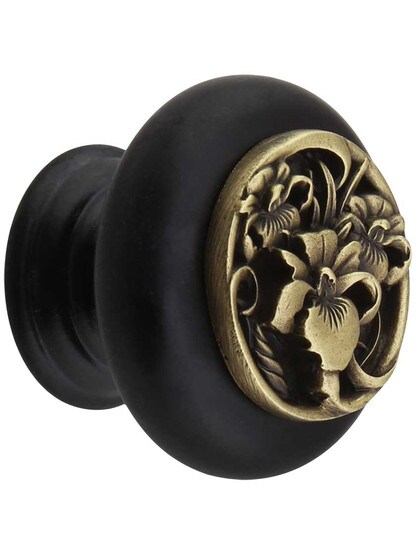 River Iris Wood Knob in Dk Walnut/Ant Brass.